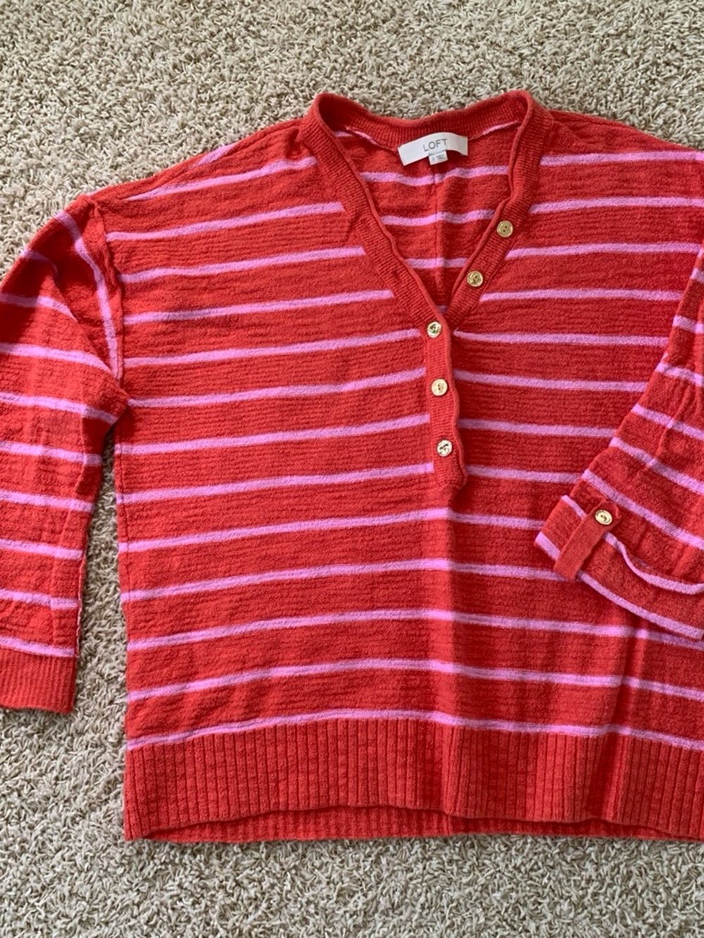 LOFT Coral and Pink Striped V-Neck Button Sweater